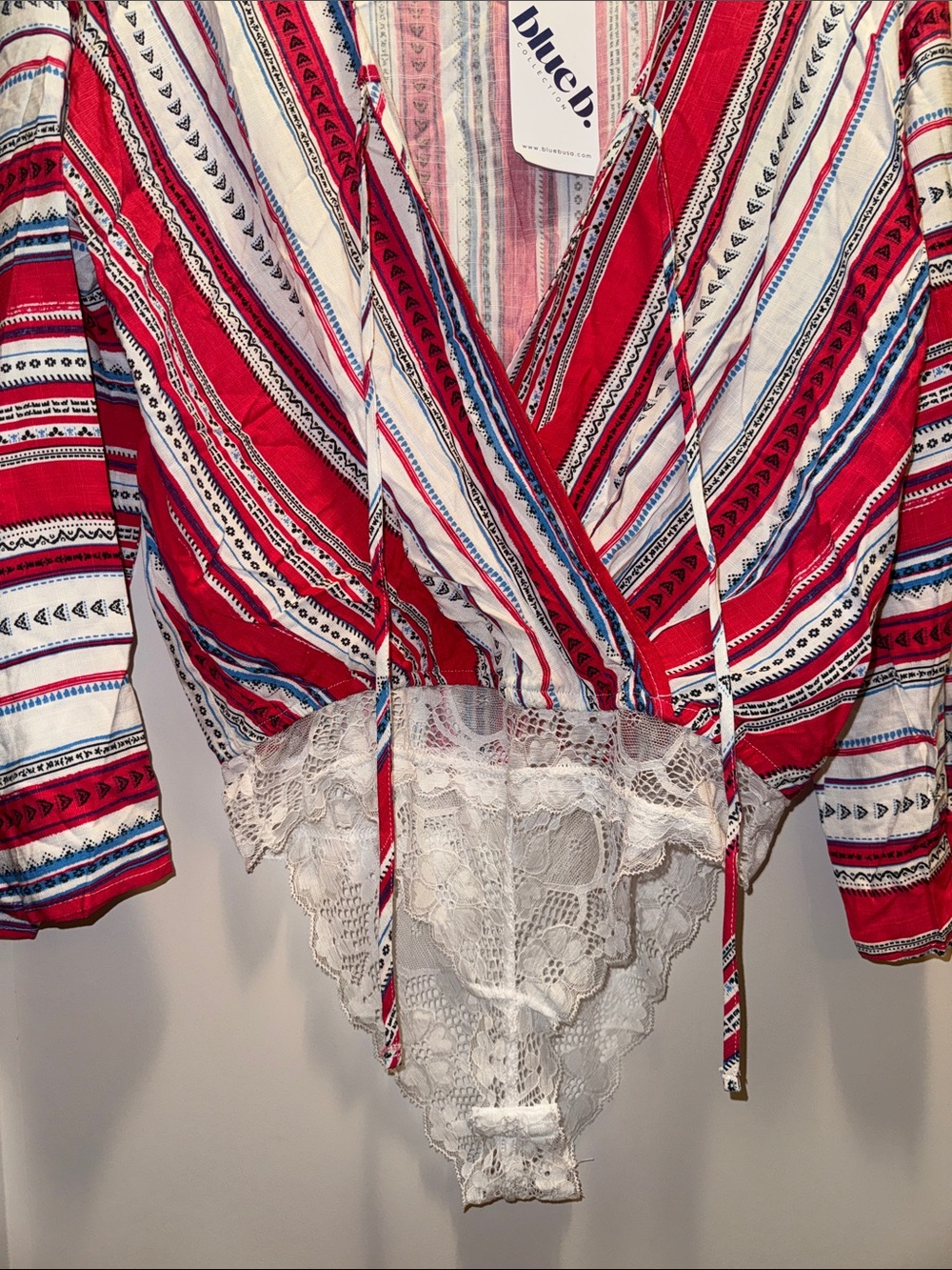 🆕 Blue B Hot Pink, Blue & White Striped Wrap Bodysuit w Lace Snap Bottom M NWT🔥🔥 - Picture 5 of 8